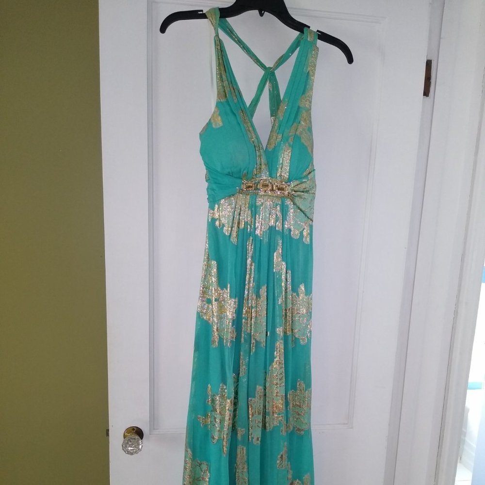 Vintage Xscape Joanna Chen Floor Length Dress - Turquoise - Size 8